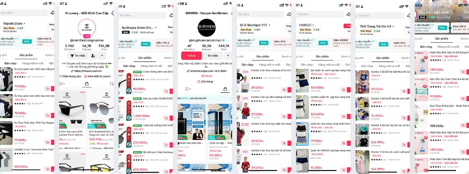Các gian hàng TikTok Shop đã xây dựng và vận hành: TripleN, H Luxury, Sunhouse, SIRMEN, Di Di, HARUCI, Em HA, BZU BZU